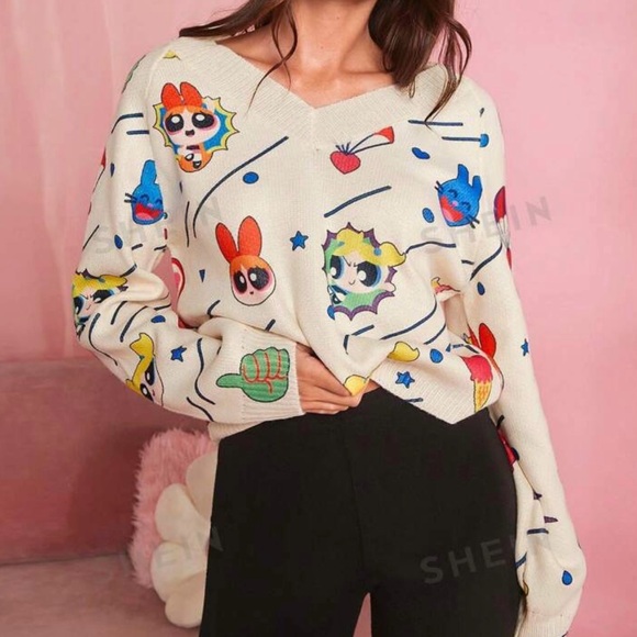 SHEIN The Powerfuff Girls X Sz(S) V Neck Cartoon Pattern Reglan Sleeve Sweater - Picture 2 of 6